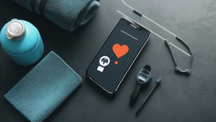 Poster - A smartphone displaying a heart symbol, surrounded by fitness accessories for a healthy lifestyle.