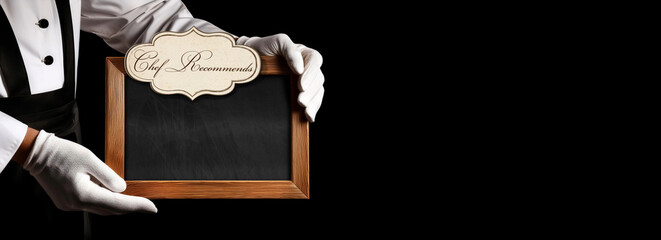 Aufkleber - Close-up of the white gloved hands of a chef or a waiter, holding an empty blackboard with wooden frame and copy space, label with text Chef Recommends. Isolated on black background. Generative Ai.
