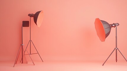 Two studio lights with softboxes are set up in a room with a pink backdrop.