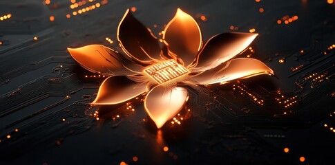 Aufkleber - A glowing lotus flower design with a circuit board motif, symbolizing technology and nature.