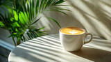 Corretto coffee in a stylish cafe with lush greenery, natural shadows, minimalist, plant-based, isolated lifestyle