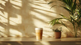 Corretto coffee in a health-conscious cafe with green fronds, sunlight, concrete textures, chic, eco-friendly, fair trade vibe