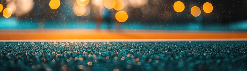 Poster - A blurred view of a wet surface with bokeh lights in the background, suggesting a rainy atmosphere.