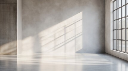 Poster - Bright sun rays illuminate a spacious, minimalist interior with concrete walls and large windows during the morning.