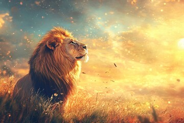 lion gazing into the distance in a sunlit field at sunset. majestic wildlife portrait with warm colo