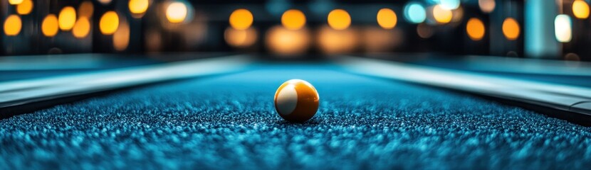 Poster - A close-up of a solitary billiard ball on a vibrant blue felt surface in a dimly lit space.