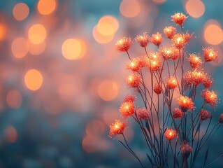 Wall Mural - dreamy floral arrangement with glowing orange lights and soft bokeh background generative ai