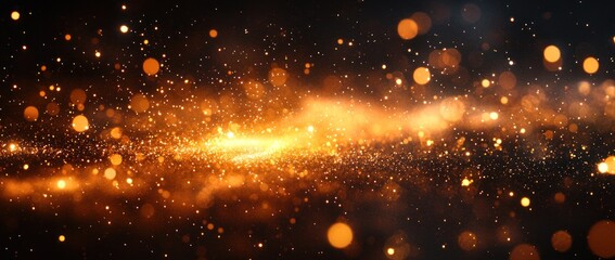 Wall Mural - golden cosmic dust and sparkles floating through a dark blue and black space background generative a