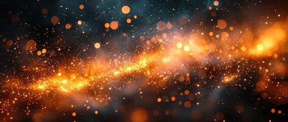 Wall Mural - golden cosmic dust and sparkles floating through a dark blue and black space background generative a