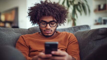 Wall Mural - A man with curly hair is sitting on a couch and looking at his cell phone