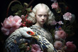 © tynza - Ethereal portrait of a young woman with platinum blonde hair, surrounded by delicate pink flowers and accompanied by a majestic bird with vibrant feathers, creating a mystical, nature-inspired scene.
