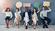 © Malambo20/peopleimages.com - Waiting room, group and business people in portrait with speech bubble, communication or feedback. Wall background, women and men with opinion for forum, social media or poster for hiring appointment
