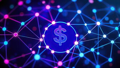 Poster - digital network dollar sign blockchain technology glowing lines cryptocurrency finance fintech investment financial growth stock market data