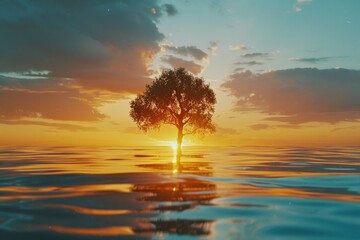 Poster - A tree standing in the middle of a body of water, surrounded by calm waters