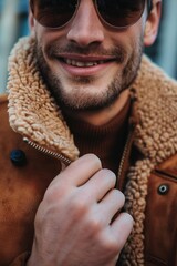 Aufkleber - A man wearing a brown jacket and sunglasses, ready for an outdoor adventure or a casual day out