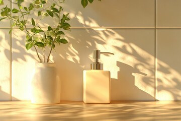 Poster - A pair of soap dispensers placed beside a plant, great for bathroom or office decoration