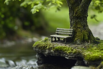 Poster - A serene scene with a moss-covered bench situated near a river, perfect for nature and outdoor photography