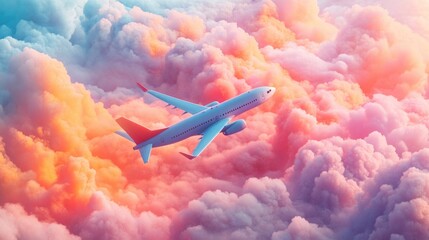 Poster - Airplane soaring through fluffy white clouds with a clear blue sky in the background