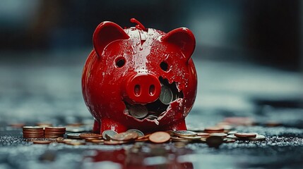 Fototapete - Broken piggy bank with scattered coins around it on a plain surface depicting the loss of savings and financial hardship Bankruptcy concept with side empty space for text Stockphoto style