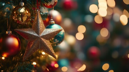 Poster - A close-up shot of a Christmas tree decorated with colorful ornaments