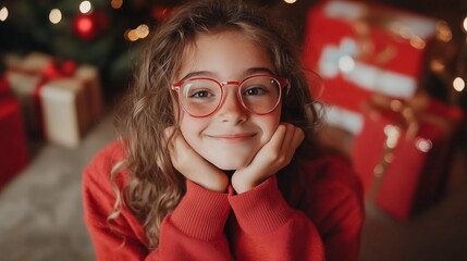 Wall Mural - A young girl smiles and rests her chin on her hands, surrounded by presents and Christmas lights