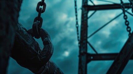 Poster - Close-up of a chain suspended from a metal framework