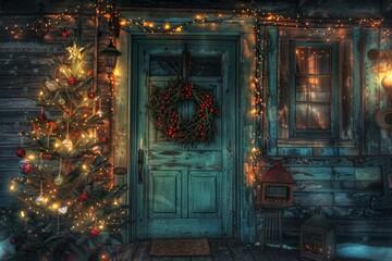 Aufkleber - A festive Christmas tree stands in front of a door, perfect for holiday decorations or seasonal themes