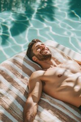 Poster - A person relaxing outdoors next to a swimming pool