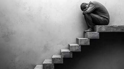 Fototapete - Individual sitting in despair on a staircase with head down symbolizing the emotional toll of financial collapse Bankruptcy concept with side empty space for text Stockphoto style