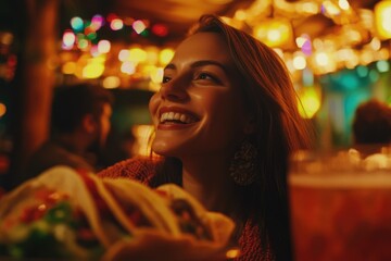 A happy woman holds a plate of food, ready to enjoy her meal