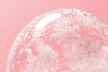 Poster - Close-up shot of a snow globe with swirling snow and tiny figurines on a pink background