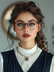 Aufkleber - Beautiful woman, Secretary, wearing glasses, necklace.