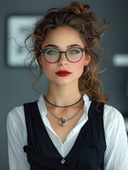 Aufkleber - Beautiful woman, Secretary, wearing glasses, necklace.