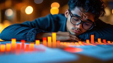 Fototapete - Individual looking at declining financial graphs on a screen surrounded by paperwork representing the stress of impending bankruptcy Bankruptcy concept with side empty space for text Stockphoto style