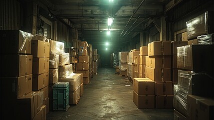 Aufkleber - Dark small warehouse, lots of boxes, long hallway.