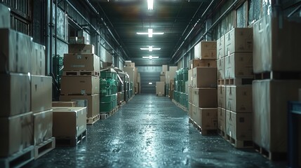 Aufkleber - Dark small warehouse, lots of boxes, long hallway.