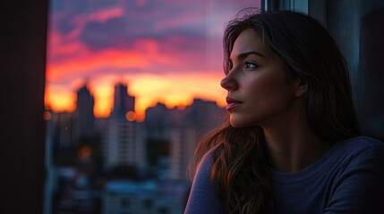 Aufkleber - A person gazing outside during a beautiful sunset