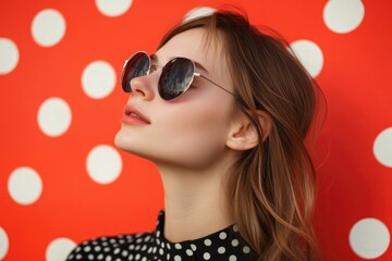Aufkleber - A woman wearing sunglasses and a colorful polka dot shirt, possibly on vacation or outdoors