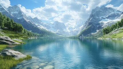 Poster - A beautiful mountain lake with a clear blue sky above it