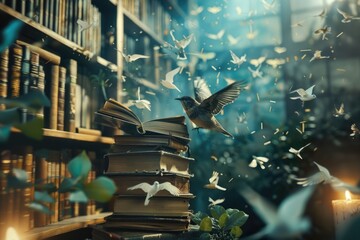 Aufkleber - A bird is seen flying over a pile of books