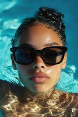 Poster - A woman relaxing in a pool while wearing sunglasses, suitable for use as a background image or in a lifestyle setting