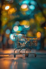 Poster - A small shopping cart sitting on a table, great for use in illustrations, graphics or as a prop
