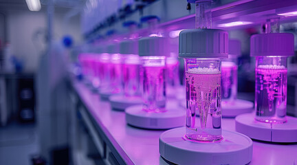 Poster - Biopharmaceutical laboratory with a purple-themed setting, featuring high-tech equipment and a focus on cell amplification.