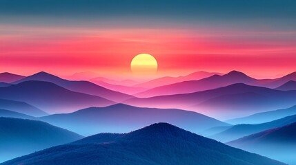 Poster - Sunrise over a misty mountain range with soft pastel colors creating a calming and peaceful atmosphere with side empty space for text Stockphoto style