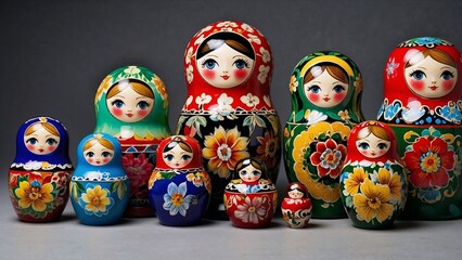 Colorful Russian matryoshka doll collection arranged in various sizes on a gray background