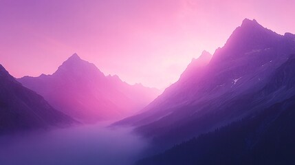 Poster - Sunrise over a misty mountain range with soft pastel colors creating a calming and peaceful atmosphere with side empty space for text Stockphoto style