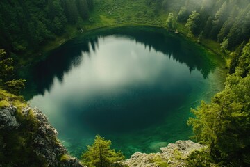 Poster - A serene lake surrounded by lush trees in a dense forest