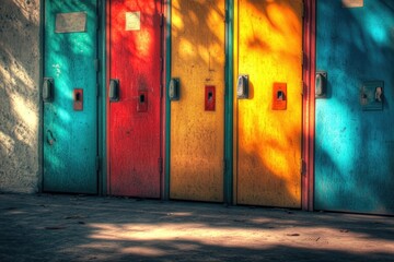Poster - Row of vibrant doors on the facade of a building, possibly for different offices or apartments
