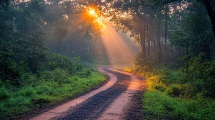 Poster - Pathway through a dense green forest with sunlight filtering through the trees for a sense of peace and tranquility with side empty space for text Stockphoto style