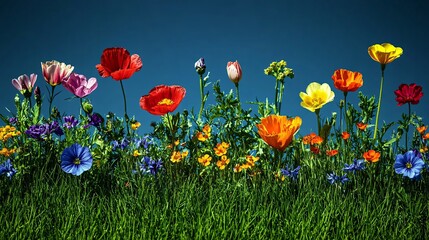 Fototapete - Wildflowers in a grassy meadow under a bright blue sky conveying a sense of freshness and simplicity with side empty space for text Stockphoto style